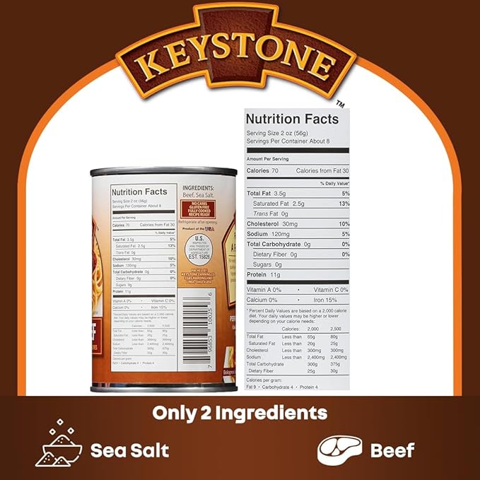 Keystone Meats All Natural Ground Beef 14 Oz Fully Cooked Canned Meat | Heat & Serve | 5-Year Shelf