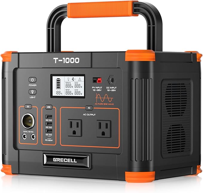 GRECELL 999Wh Solar Generator 1000W, Portable Power Station with 60W USB-C PD Output, 110V Pure