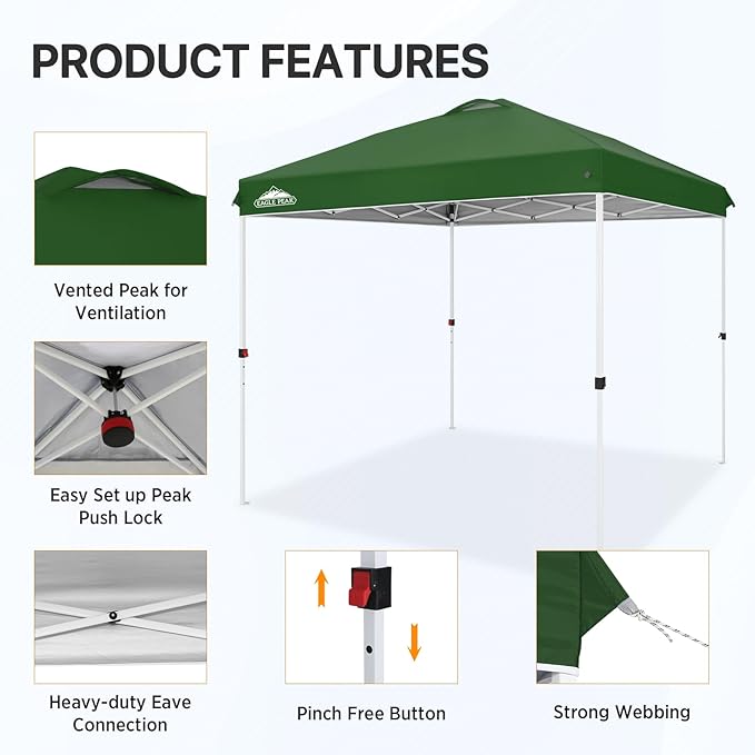 EAGLE PEAK Pop Up Canopy Tent with Wheeled Carry Bag, 8 Stakes, 4 Ropes, Easy Set Up Tent Canopy
