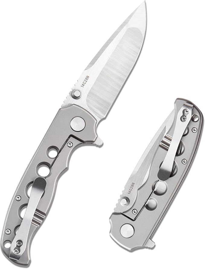 Men's Folding Pocket Knife – 3.4" Sandvik 14C28N Blade CNC Titanium Handle Ceramic Bearings, Liner