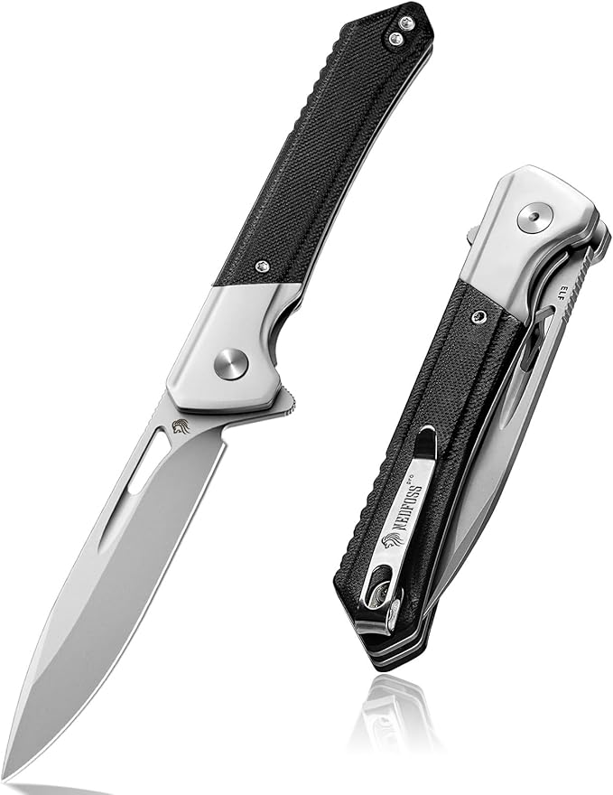 NedFoss ELF Pocket Knife, 3.3" D2 Blade EDC Knife with G10 Handle, Flipper Open, Deep Carry Pocket
