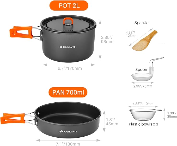 Odoland 9pcs Camping Cookware Non-Stick Lightweight Pots and Pans Set with Plastic Bowls Soup Spoon