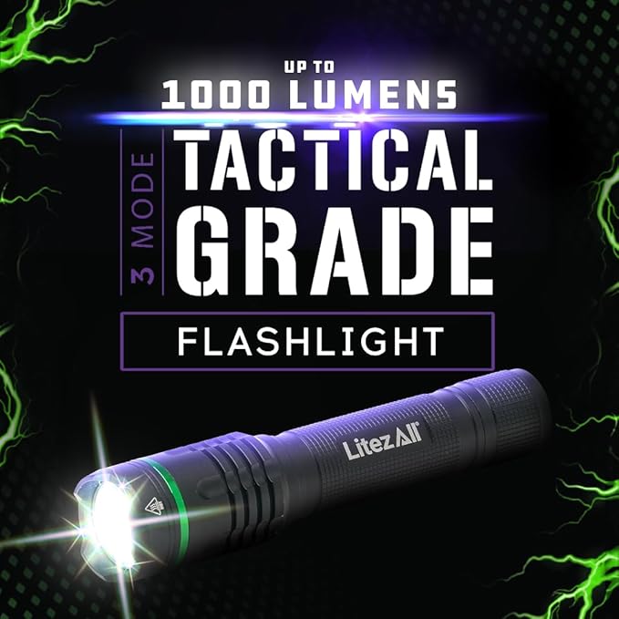 LitezAll 1000 Lumen Thin Rechargeable Tactical Flashlight, Slim Compact LED Flashlight with USB