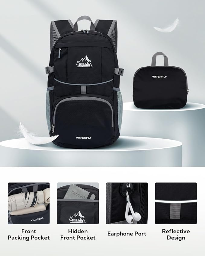WATERFLY Packable Hiking Daypack Backpack: 25L Ultra Lightweight Foldable Waterproof Outdoor Travel
