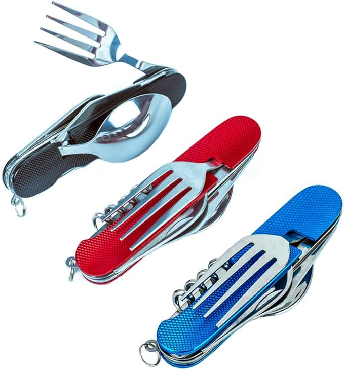 6-in-1 Multi-Function Camping Utensil Flatware Set Detachable Spoon Fork Knife Combo Mess Kit with