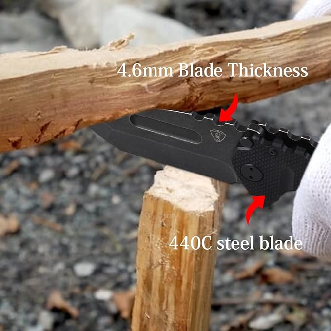 AUBEY Folding Pocket Knife with Tanto Tumbled 440C Steel Blade, Frame Lock, Black G10 Handle, Clip