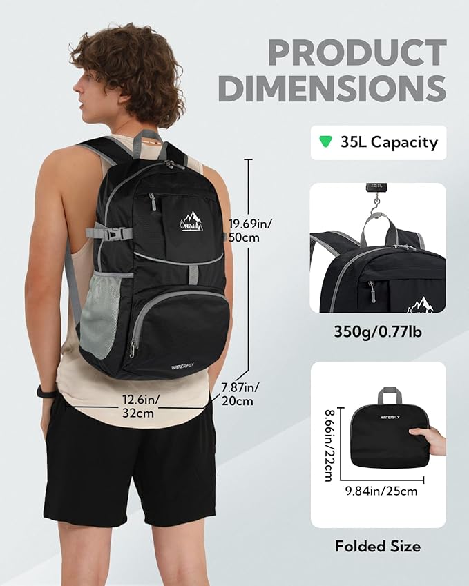 WATERFLY Hiking Foldable Daypack Backpack: 25/35L Ultra Lightweight Packable Waterproof Outdoor