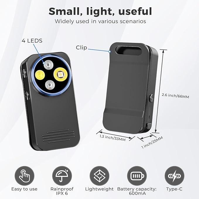 Rechargeable EDC Flashlight, 600 Lumens Dual LED Sources Mini Clip-on Light with Red & Blue Light