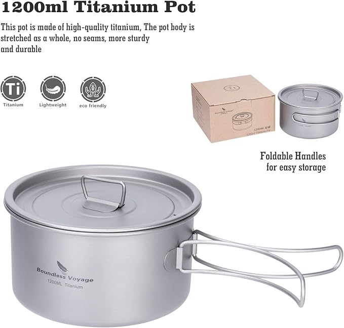 Boundless Voyage Titanium Pot Portable Camping Cookware Lightweight Cooking Pot Set for Outdoor