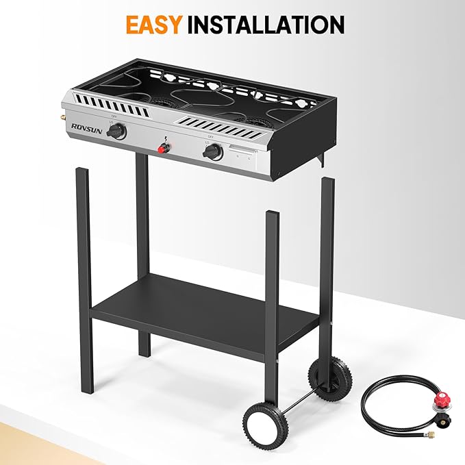 ROVSUN 2 Burner Outdoor Propane Gas Stove with Auto-ignition, Regulator & Shelf, 150,000 BTU