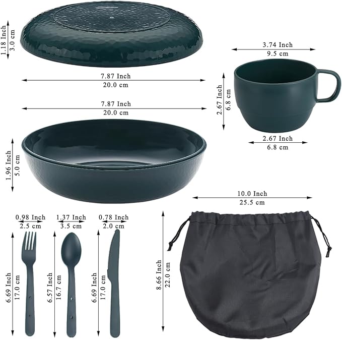 Berglander Camping Mess Kit with Bowl, Plate, Cup, Spoon, Fork, Knife and Carry Bag, Plastic