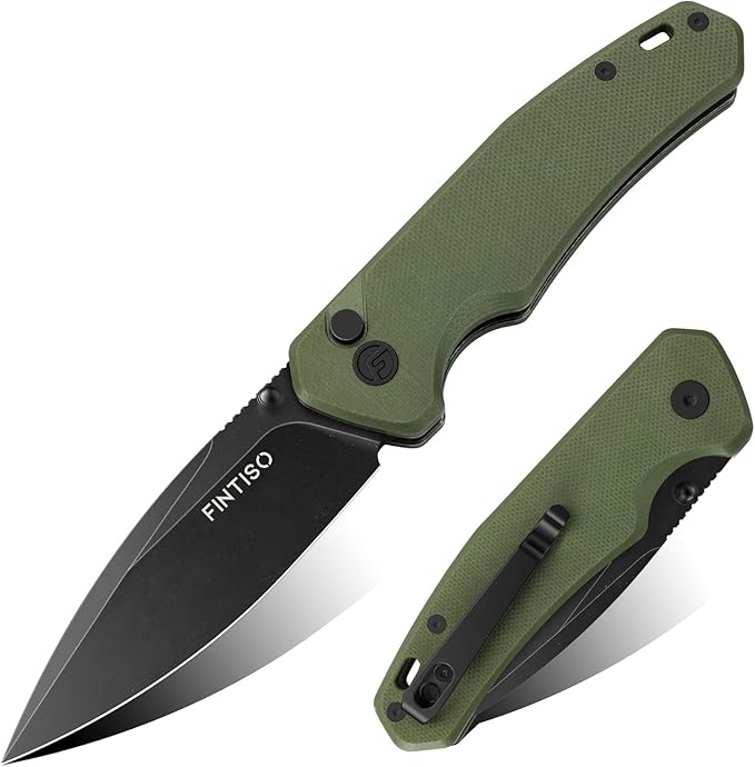 FINTISO Pocket Knife, 3" 14C28N Steel Blade G10 Handle Small EDC knife with Button Lock, Sharp