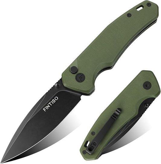 FINTISO Pocket Knife, 3" 14C28N Steel Blade G10 Handle Small EDC knife with Button Lock, Sharp