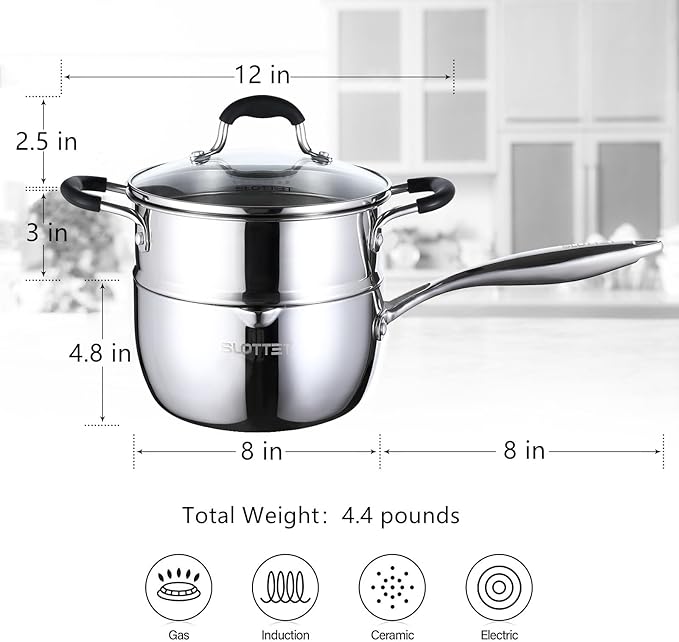 3.5 Quart Stainless Steel Saucepan with Steamer, Tri-Ply Full Body Small Multipurpose Pot with Pour