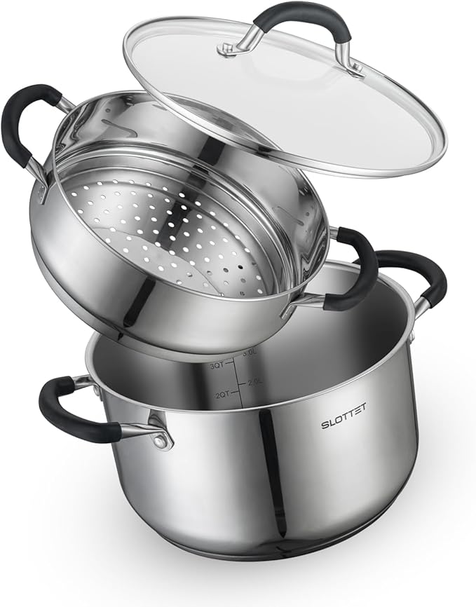 6 Quart Stainless Steel Stock Pot with Steamer,6 Qt Multipurpose Stockpot with Stay-cool silicone