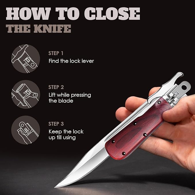 Grand Way 12.2" Retro Folding Knife with Wood Handle & Leather Sheath - 7.8" Long Foldable Sharp
