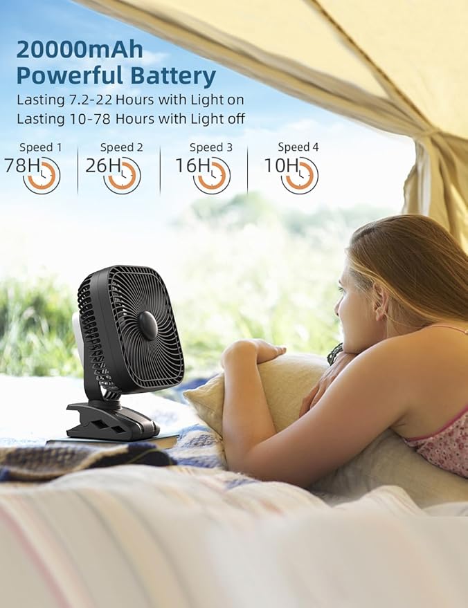 SLENPET 20000mAh Rechargeable Portable Clip on Fan, Last 78 hrs, 4 Speeds Camping Fan, Battery