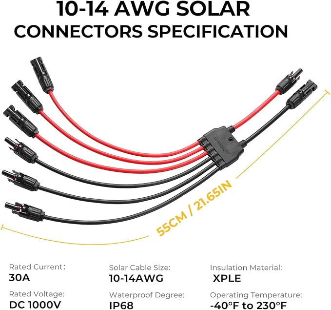 BougeRV Solar Parallel Connectors for 2-3 Solar Panels, 2 to 6 Y Branch 10AWG Adapter Splitter