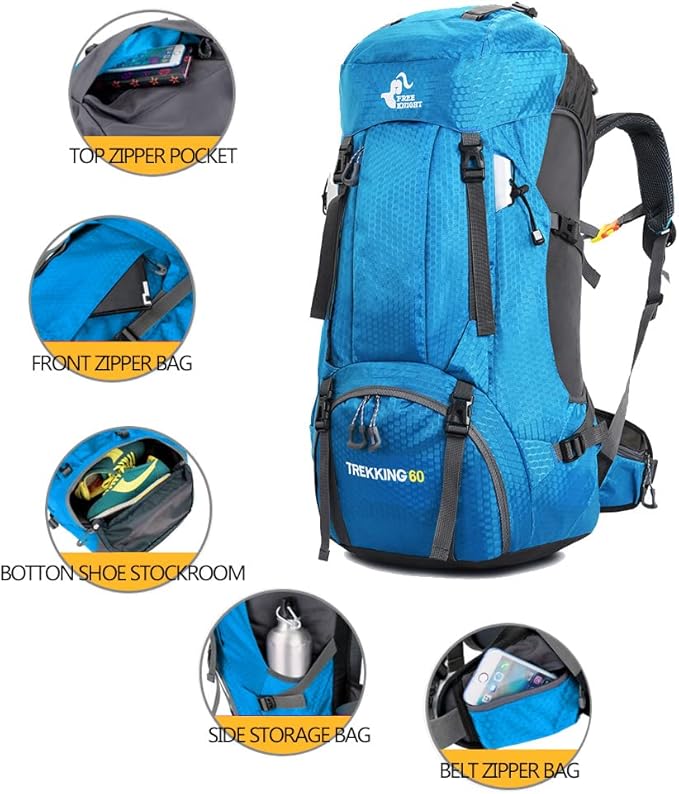Bseash 60L Waterproof Hiking Camping Backpack with Rain Cover, Large Outdoor Sport Travel Daypack