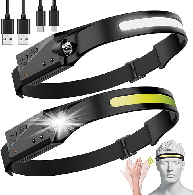 LED Headlamp, 2 Pack Rechargeable Flashlight for Adults, 230 Wide Beam Headlight, Motion Sensor