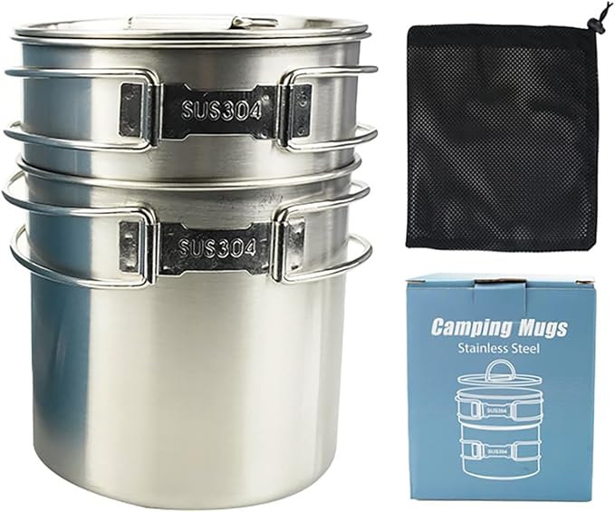 Camping Cups and Mugs Pot 2Pcs -304 Food Grade Stainless Steel - Outdoor Cookware Set with Vented
