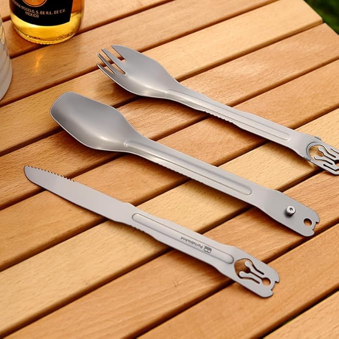 PortableAnd 4-in-1 Camping Utensil Set: Spoon, Spork, Knife, Tongs - Stainless Steel Multi Tool for