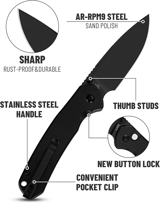 CJRB Folding Knife Pyrite (J1925) AR-RPM9 Blade and Black PVD Stainless Steel Handle Button Lock