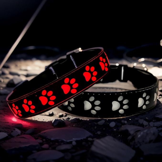 LED Light Up Dog Collar, USB-C Rechargeable, Multicolor Paw Print Design, 15 Modes Lighting Night