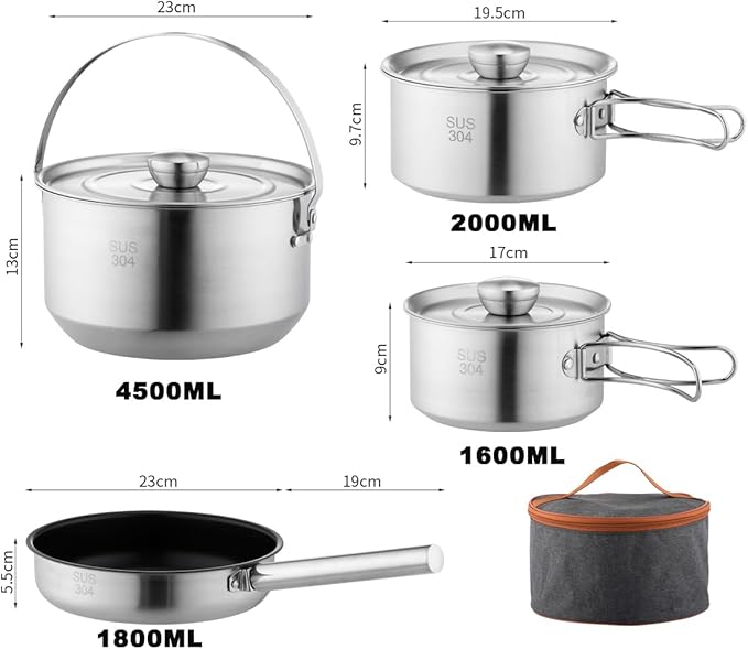 304 Stainless Steel Camping Cookware Set, Pots and Pans for Campfire Cooking, Includes Travel Tote
