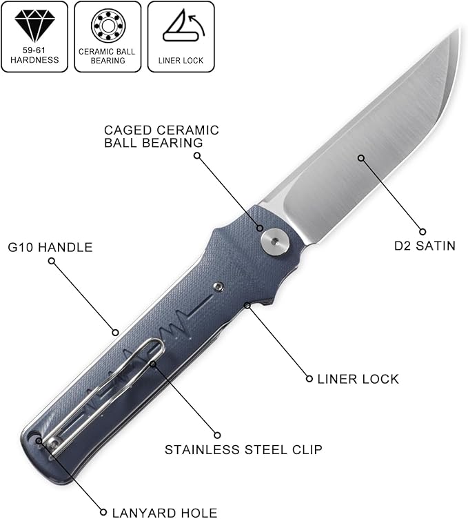 Petrified fish PFB04 Tena Folding Knife, 3.82" D2 Steel Satin Blade G10 Handle Pocket Folding knife