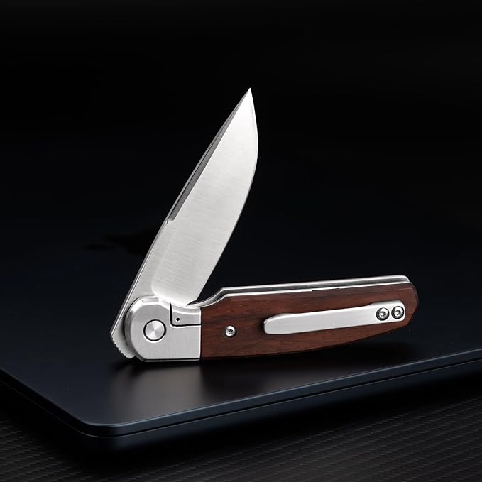 Small EDC Knife 2.8", Pocket Knife D2 Steel Point Blade Wood Handle - flipper Folding Knife for Men