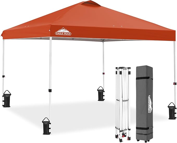 EAGLE PEAK Pop Up Canopy Tent with Wheeled Carry Bag, 8 Stakes, 4 Ropes, 4 Weight Bags, Easy Set Up