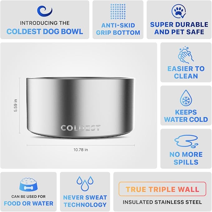 Coldest Dog Bowl - Anti Rust Metal, Non Slip, 3 Layers Insulated Stainless Steel Dog Bowls - Spill
