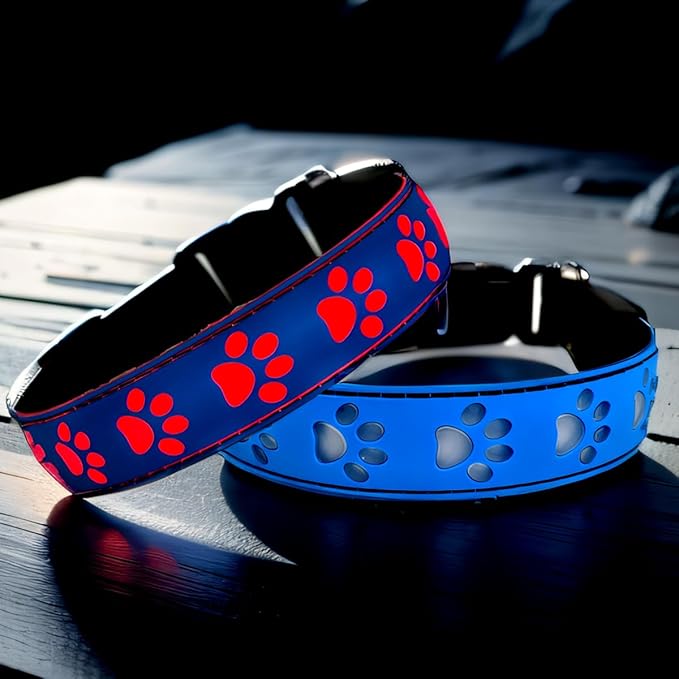 LED Light Up Dog Collar, USB-C Rechargeable, Multicolor Paw Print Design, 15 Modes Lighting Night
