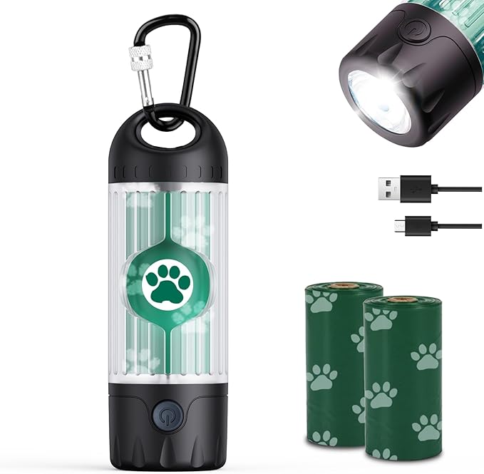 3-in-1 Dog Poop Bag Holder with Flashlight 7-Color, USB-C Rechargeable doggie bag holder for leash