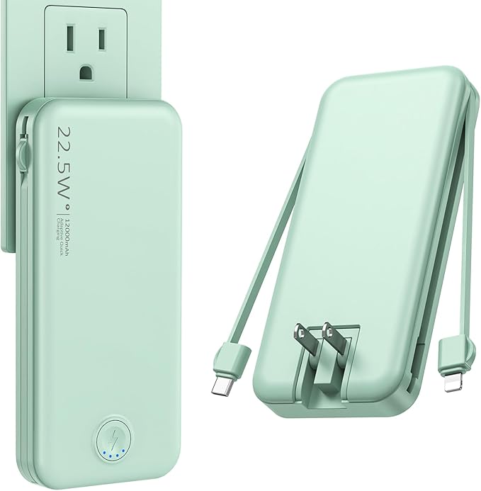 Portable Charger with Built in Cable and AC Wall Plug, USB C Power Bank 12000mAh 22.5W Super Fast