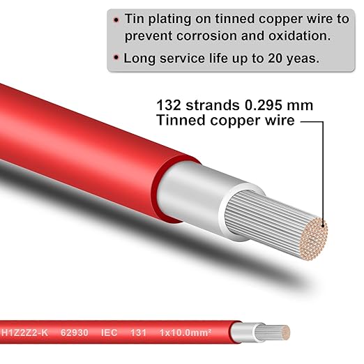 8AWG (10mm²) Tinned Copper PV Extension Cable - Solar Panel Connection Wire for Outdoor RV Marine