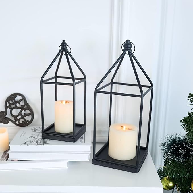 DECORKEY Luxury Lantern Decorative Outdoor&Indoor, Set of 2 (18’’&14’’) Black Metal Lanterns Decor