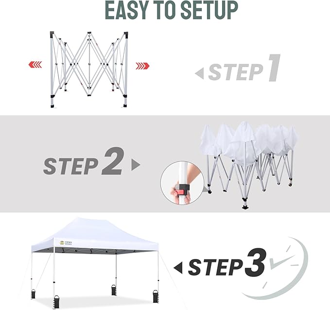 CROWN SHADES 10x15 Pop Up Canopy Tent, Thicken Frame Commercial Heavy Duty Tent, 8 Stakes & 4