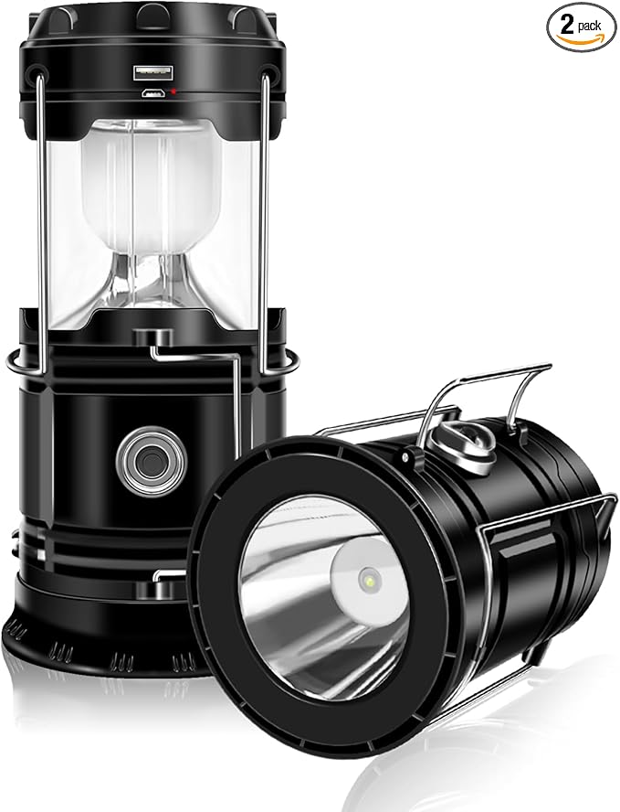 DIBMS 2-Pack Solar Camping Lantern, Collapsible LED Solar USB Rechargeable Lantern Flashlight