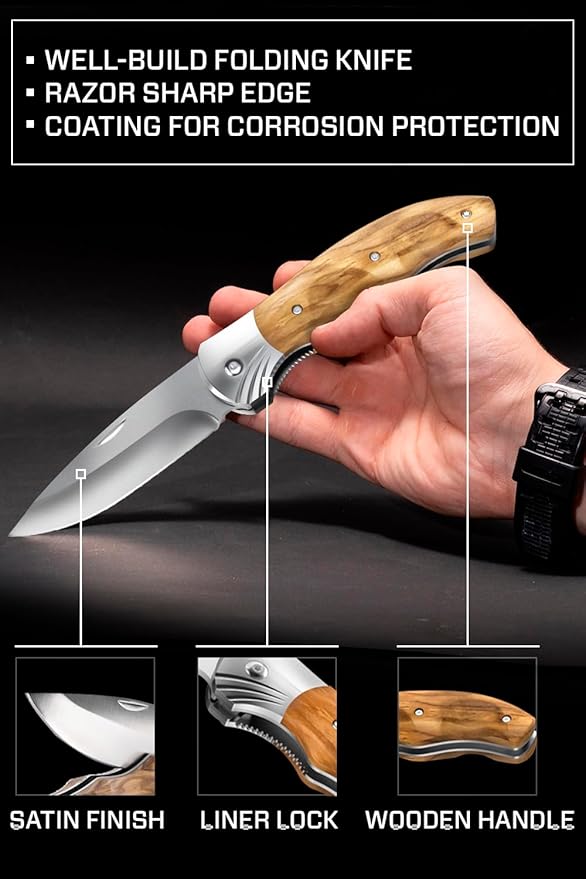 Grand Way Pocket Knife for Men with Wood Handle, Liner lock - Folding Sharp Blade 3.54" - Cool