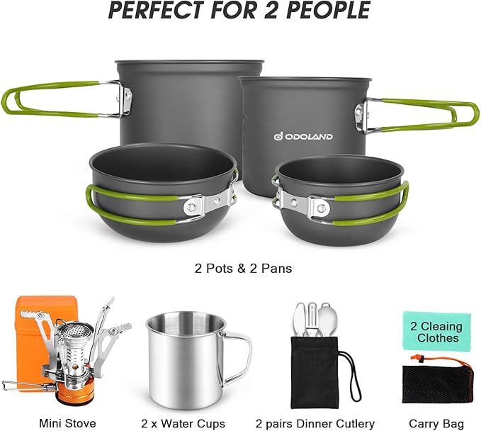 Odoland 16pcs Camping Cookware Mess Kit, Lightweight Pot Pan Mini Stove with 2 Cups, Fork Spoon