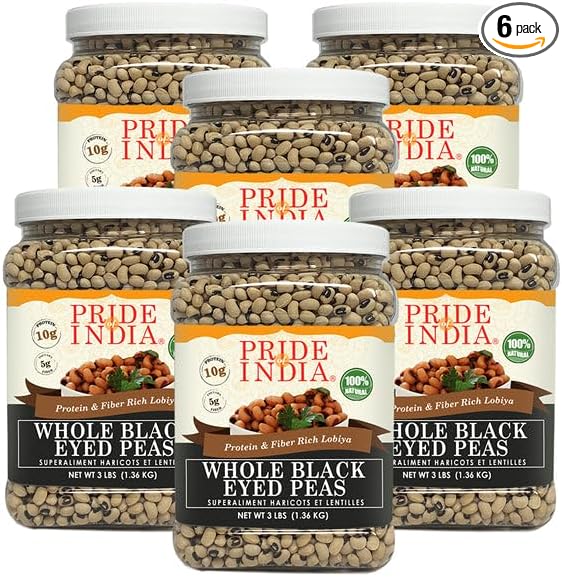 Pride Of India - PACK of 6 - Indian Whole Black Eyed Peas - Protein & Fiber Rich Lobiya, 3 Pound Jar