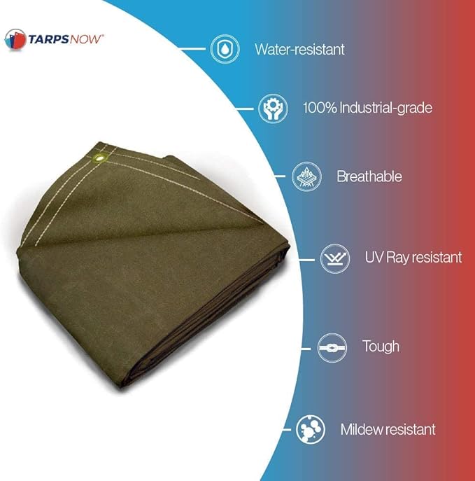 Tarps Now 12x16 ft Heavy Duty Canvas Tarp| 18 MIL Industrial Grade Fabric, Tear Resistance