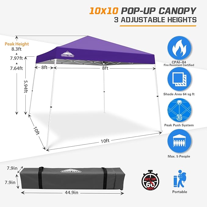EAGLE PEAK 10x10 Slant Leg Pop-up Canopy Tent Easy One Person Setup Instant Outdoor Beach Canopy