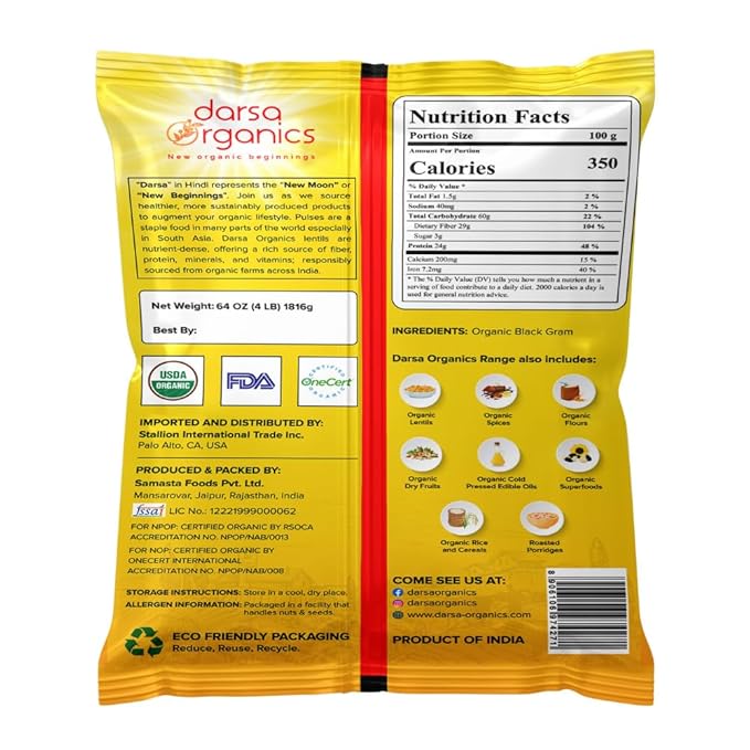 Darsa Organics Urad Whole Dal (Matpe Beans with Skin) 2lb, | USDA Organic, Non-GMO, Gluten-Free
