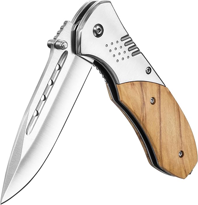 Folding Pocket Knife - 3.46" Sharp Blade Olive Wood Handle Pocket Knives with Clip, Glass Breaker