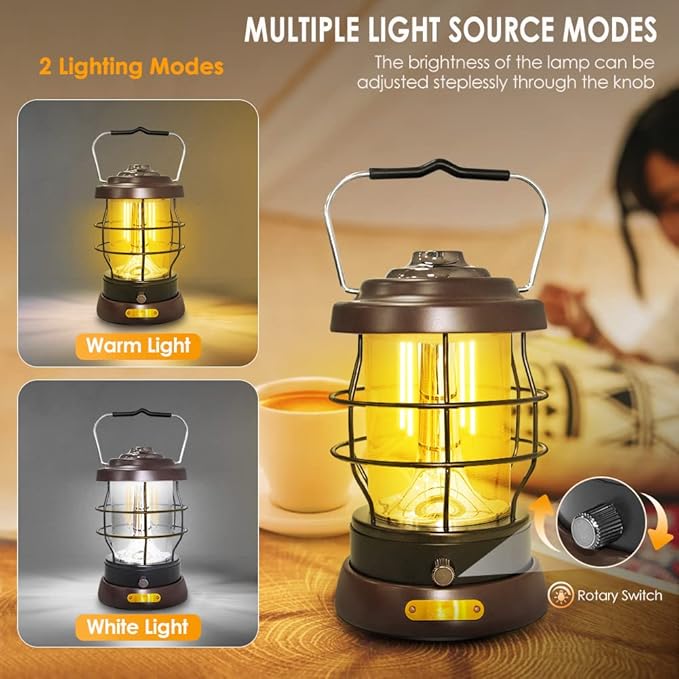 UniqueFire Retro Camping Lantern Rechargeable 1500LM 2 Modes Dimmable,Portable Electric Hurricane
