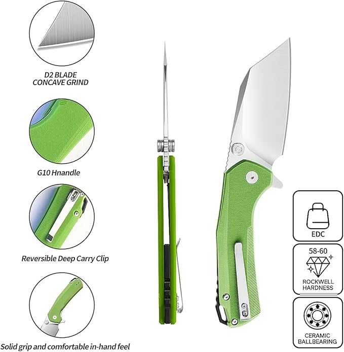 ioko Folding Pocket Knife, 3.5-Inch D2 Steel Blade, G10 Handle, EDC Camping Survival Knife with