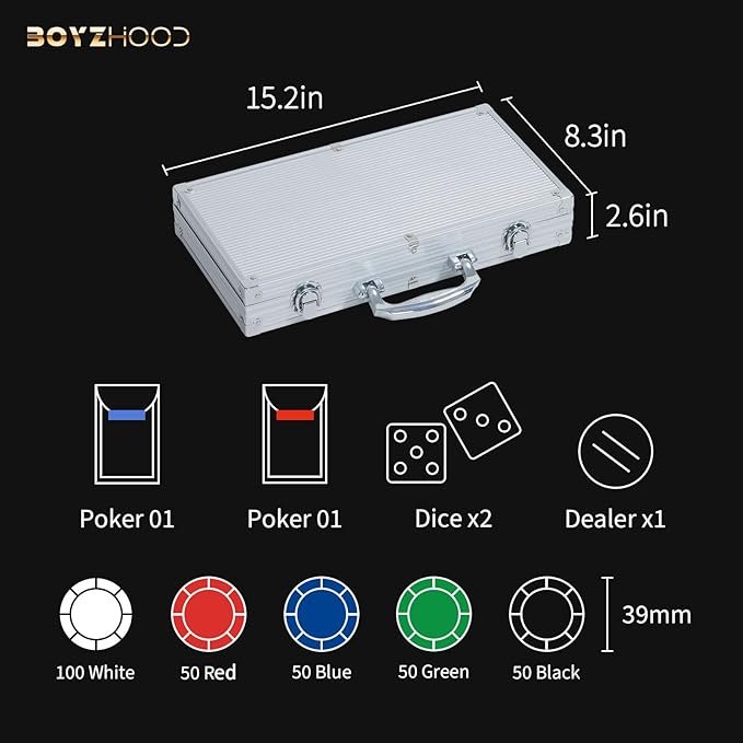 Boyzhood Poker Chips,300 Pcs Poker Set with Aluminum Travel Case,11.5 Gram Poker Chips Set for